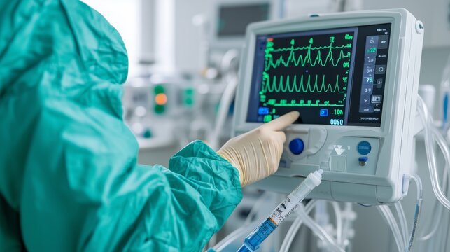Doctor in green scrubs adjusting medical equipment with heartbeat monitor - Powered by Adobe