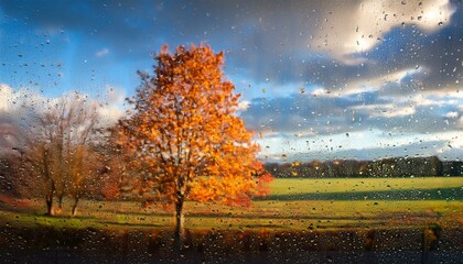 Wet window in autumn, tree and clouds in the background
