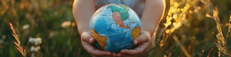 the child holds a globe in his hands. Selective focus
