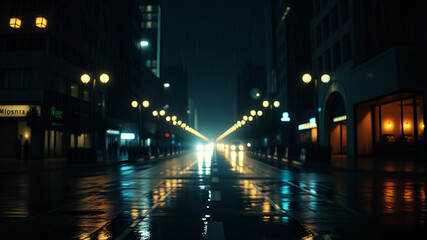 Fototapeta premium A nighttime cityscape with heavy rain falling, streetlights reflecting off the wet pavement. The scene captures a moody and cinematic vibe with glowing lights, mist, and the soft blur of rain, creatin