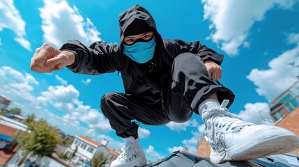 A dynamic image capturing a person dressed in black athletic wear, energetically jumping forward with a punch, set against a sky with white clouds and rooftops in the background.