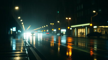 Obraz premium A nighttime cityscape with heavy rain falling, streetlights reflecting off the wet pavement. The scene captures a moody and cinematic vibe with glowing lights, mist, and the soft blur of rain, creatin