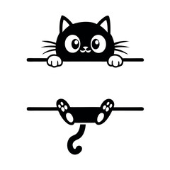 a black and white illustration of a cat hanging upside down on a horizontal bar. The cat has a round face with big, round eyes and a small nose vector silhouette © Big Dream