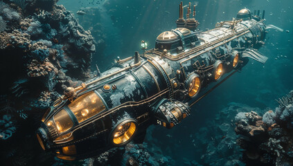 A steampunk submarine exploring the depths of the ocean, with brass portholes and mechanical arms