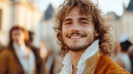 A young man with curly hair and a mustache, wearing vintage clothing, smiles warmly amidst a lively outdoor gathering, capturing a historical essence.