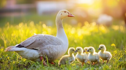 Obraz premium goose with goslings on green grass. Selective focus