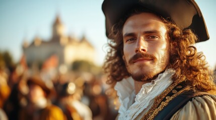 An attractive man with long curly hair, a beard, and a hat stands confidently outdoors amid a historical backdrop, exuding a sense of adventure and charisma.