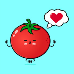 Tomato doing yoga with speech bubble. Vector hand drawn cartoon kawaii character illustration icon. Isolated on blue background. Tomato in love character concept
