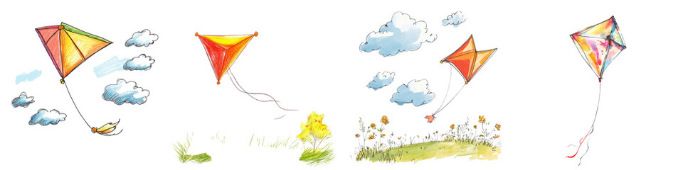 Vibrant and Playful Kites of Various Shapes and Colors Soaring Freely in the Breezy Summer Sky Above a Lush Green Meadow Capturing the Joy and Freedom of Outdoor Recreation