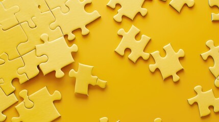 Obraz premium The image of the puzzle pieces randomly scattered on a bright yellow background creates a playful and attractive visual concept.