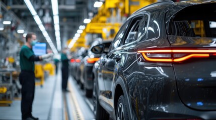 Image captures a modern car production assembly line with multiple cars in progress and workers in green uniforms, highlighting the efficiency of automotive manufacturing.