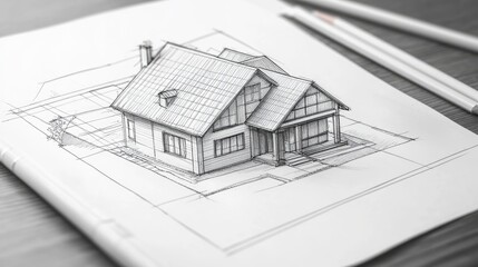 drawing of a pencil house on the table. Selective focus