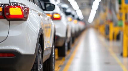 A line of white SUV cars in production at an auto factory, demonstrating the meticulous and efficient processes involved in large-scale manufacturing of sport utility vehicles.