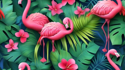 Tropical Paradise with Pink Flamingos and Green Foliage