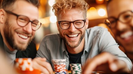 Group of joyful friends playing poker at a table, surrounded by poker chips and cards, their humorous expressions illuminate the joy of friendship.