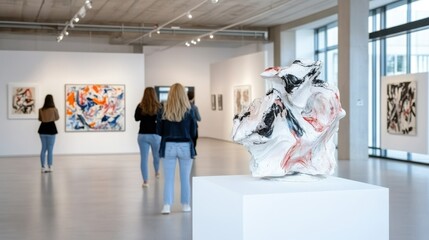 Naklejka premium A modern art gallery with people observing contemporary artwork displayed on white walls, including paintings and sculptures, under bright, well-lit conditions.