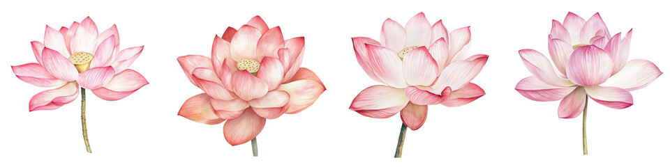 Obraz premium Vibrant ethereal lotus flowers in various stages of bloom floating gracefully on the surface of a tranquil reflective pond These delicate