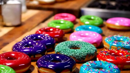 A collection of colorful donuts topped with vibrant glazes and sprinkles, displayed on a table fresh from the bakery