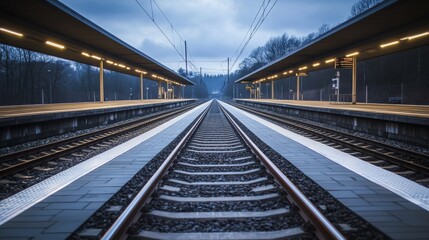 An empty railway platform with tracks leading off into the horizon, evoking a sense of anticipation and the promise of travel and exploration.
