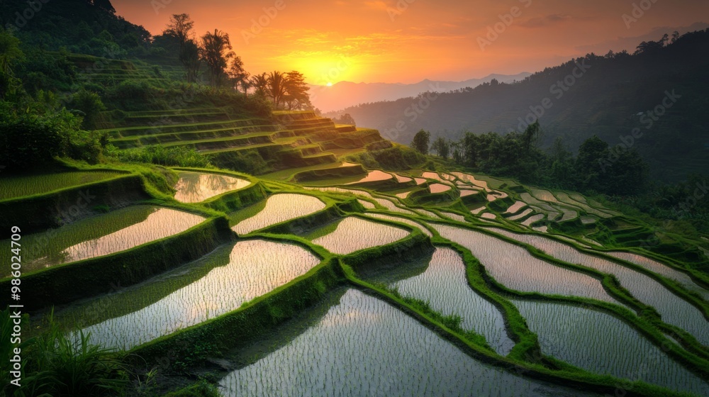 Poster An evening view of terraced rice fields with the soft glow of sunset illuminating the water-filled paddies and highlighting the field patterns.