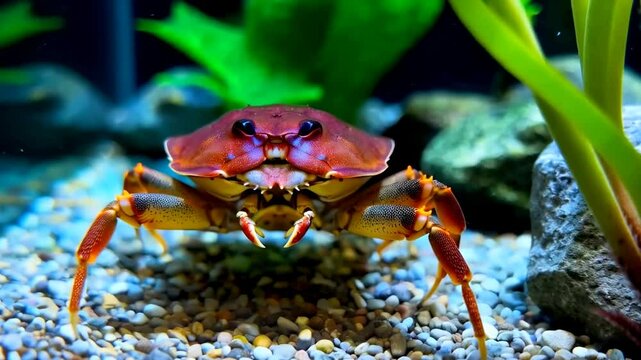 A crab swims through an aquarium tank, gliding past rocks and plants, with detailed textures of its shell and underwater surroundings