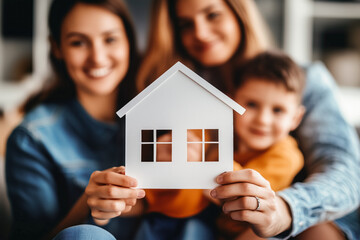 Family holding a house-shaped cutout symbolizing homeownership