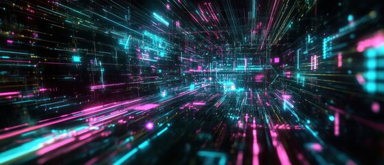 Fototapeta premium A vibrant digital landscape with neon lights representing data flow and connectivity.