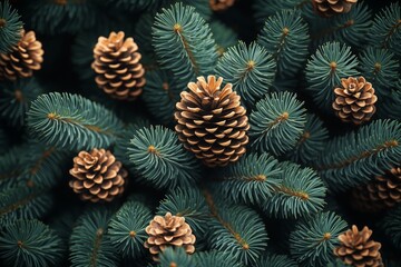 Fototapeta premium pattern of green fir tree branches and cones for chrismast celebration