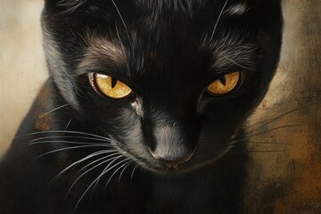 Close-up of a Black Cat with Intense Golden Eyes