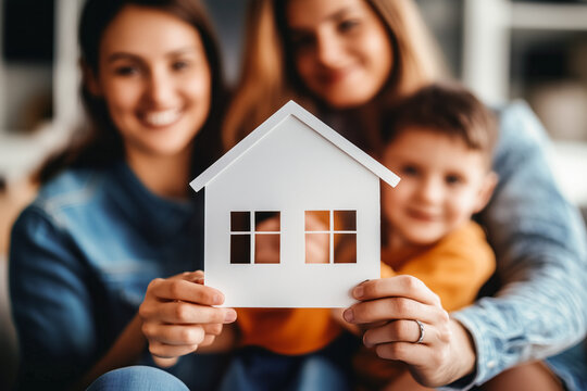 Family holding a house-shaped cutout symbolizing homeownership