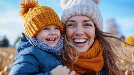 Obraz premium A joyful mother and child wear warm hats and scarves, embracing the crisp autumn air in a sunlit field, capturing the essence of warmth and familial love.