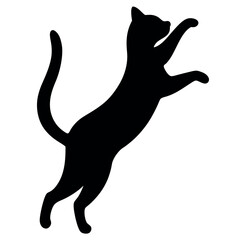 a black silhouette of a cat jumping in the air. The cat is facing towards the right side of the image and its body is stretched upwards