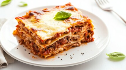 An overhead shot of a delicious Italian lasagna with layers of meat, cheese, and tomato sauce, served on a white plate with a white background for a classic look