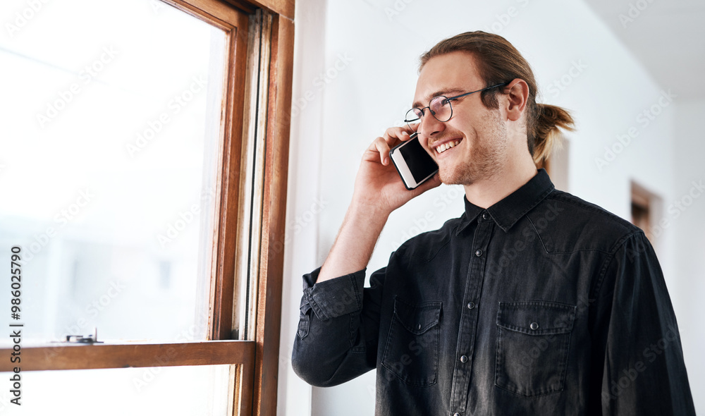 Canvas Prints Man, office and happy on phone call in studio for communication, networking and mobile discussion. Male person, employee and smile or satisfied for business conversation, connection and laughing