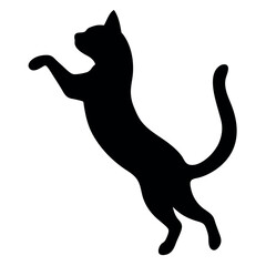 a black silhouette of a cat jumping in the air. The cat is facing towards the right side of the image and its body is stretched upwards