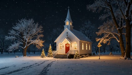 Quaint church in a snowy setting, beautifully adorned for Christmas.