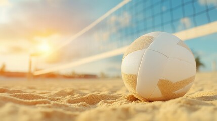 A white volleyball sits on the sand next to a net