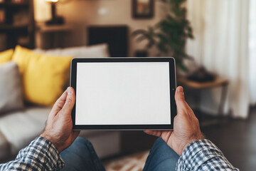 Man at home holding a digital tablet with a blank screen