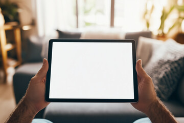 Person in a home setting holding a tablet with white screen - Powered by Adobe