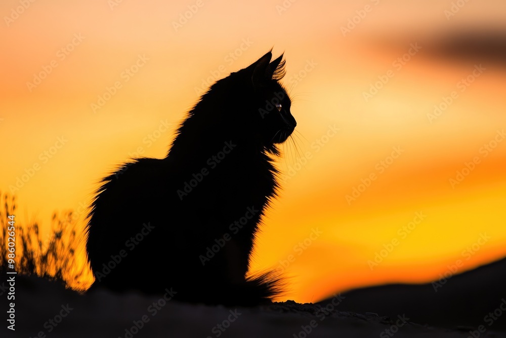 Sticker Black Cat Silhouetted Against a Vibrant Sunset