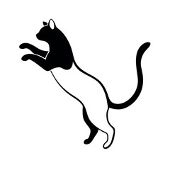 a black silhouette of a cat jumping in the air. The cat is facing towards the right side of the image and its body is stretched upwards