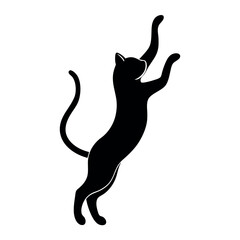 a black silhouette of a cat jumping in the air. The cat is facing towards the right side of the image and its body is stretched upwards