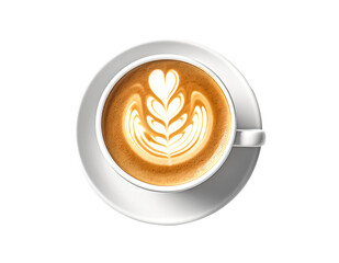 Coffee cup with latte art on a saucer viewed from above