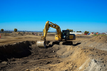 Obraz premium Excavator digging at construction site under clear sky