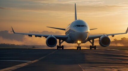 Obraz premium plane landing during wonderful sunrise, generative ai