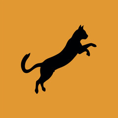 a black silhouette of a cat jumping in the air. The cat is facing towards the right side of the image and its body is stretched upwards