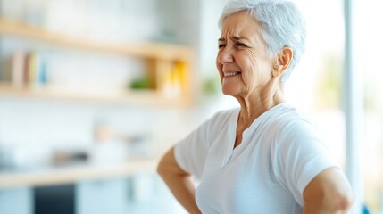 A cheerful elderly woman with short gray hair stands confidently with her hands on her hips in a brightly lit, modern home setting, smiling warmly.