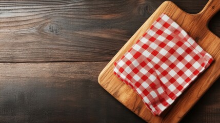 Fototapeta premium An eye-catching rustic kitchen scene showcasing a wooden cutting board draped with a red checkered cloth, perfect for food preparation and culinary activities.