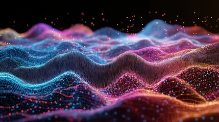 Abstract glowing waves of blue, pink, and orange particles.