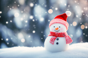Snowman with red scarf and hat in winter snow